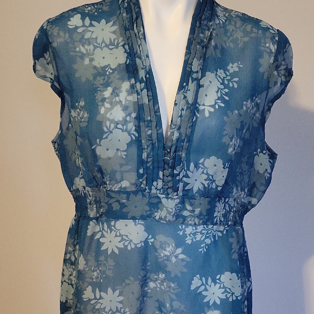 Sheer Floral Plunge V-Neck Blouse in Teal and Light Gray